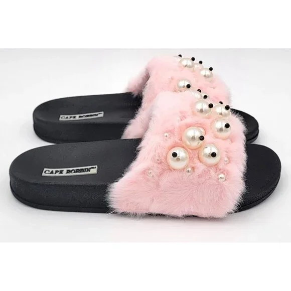 Cape Robbin Moira Women Slip On Skids Sandal Size 5 Pink Faux Fur & Pearl Accent - Picture 4 of 8
